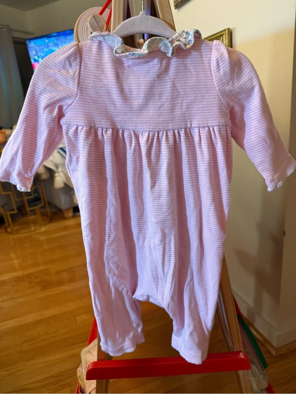 Ralph Lauren Baby Girls Pink Stripe Floral Ruffle Footless Romper 3M Pony Logo